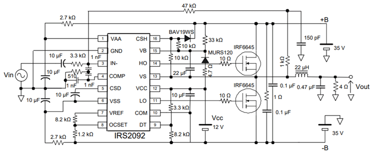 IRS2092音频放大器IC电路图示例